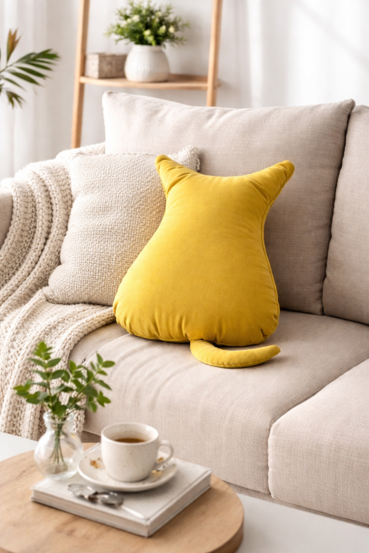 Yellow shark-shaped pillow on a beige sofa with a cup of coffee and plant on a wooden table.
